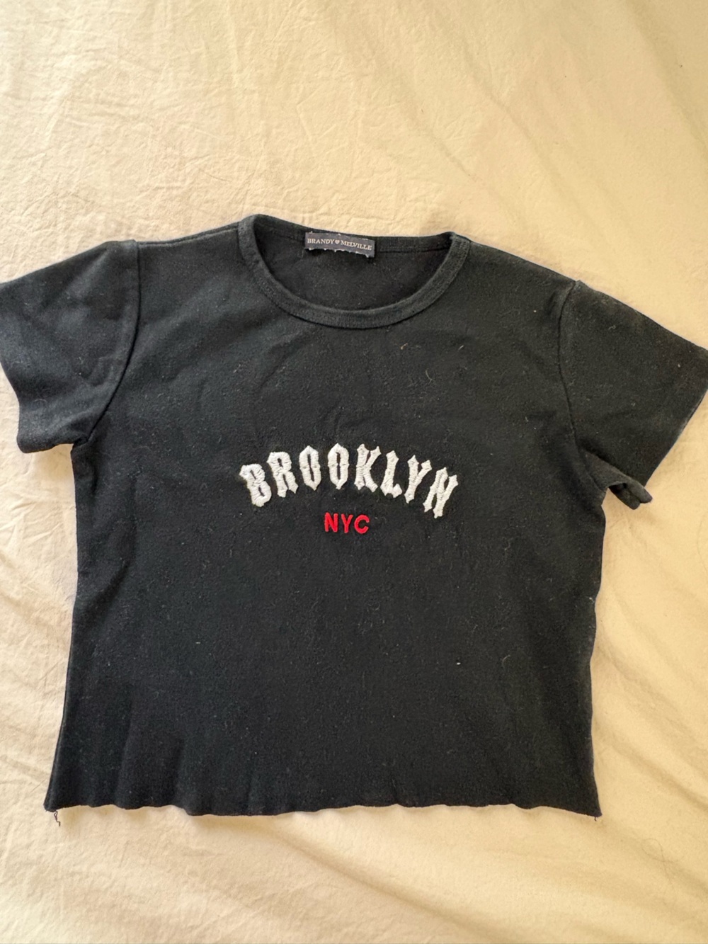 Brandy Melville Black Tee with White 'Brooklyn' and Red 'NYC'